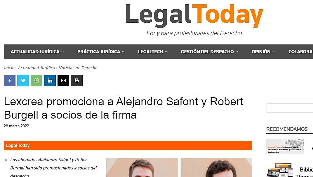 Lexcrea promociona a Alejandro Safont y Robert Burgell a socios de la firma